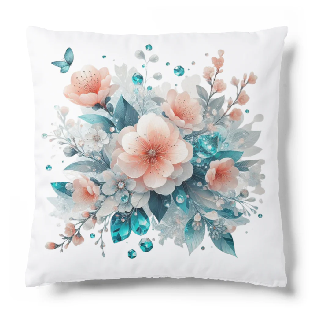 レベルUPの桃の花×エメラルド Cushion