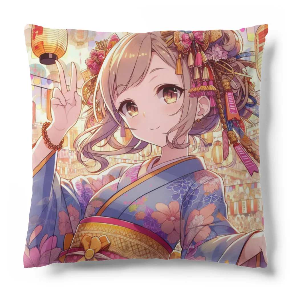 推しの美少女とアイドルのお祭りを楽しむ浴衣美少女 Cushion