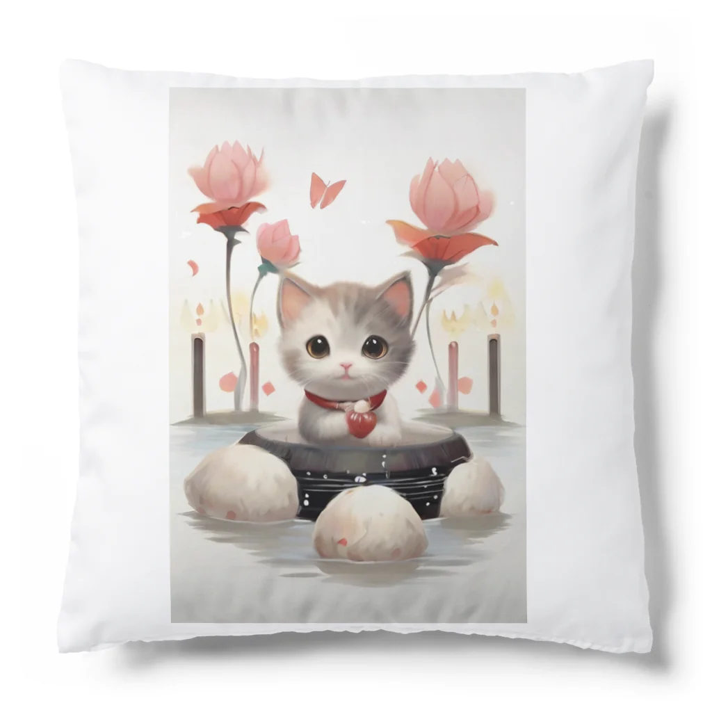 恥ずかしがり屋のねこショップの猫とお花 Cushion