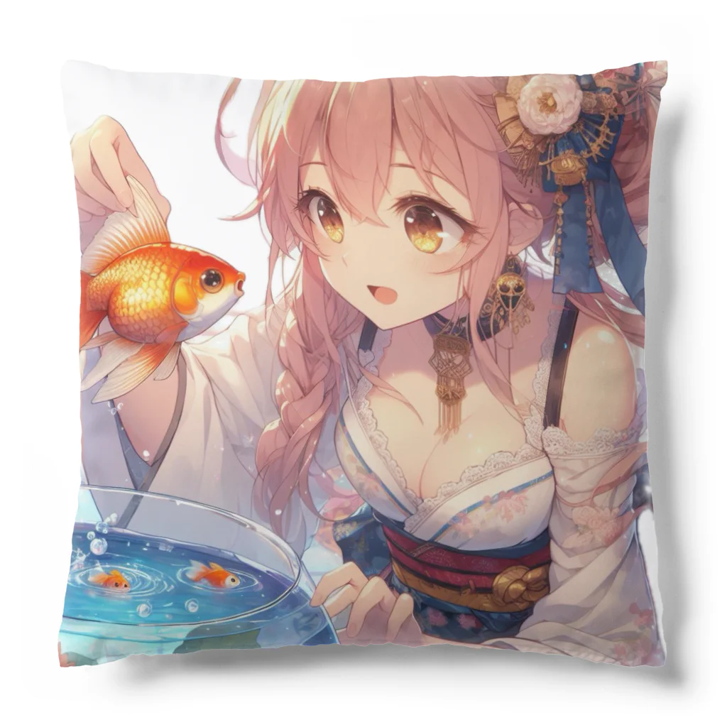 推しの美少女とアイドルの金魚と浴衣姿の女の子 Cushion