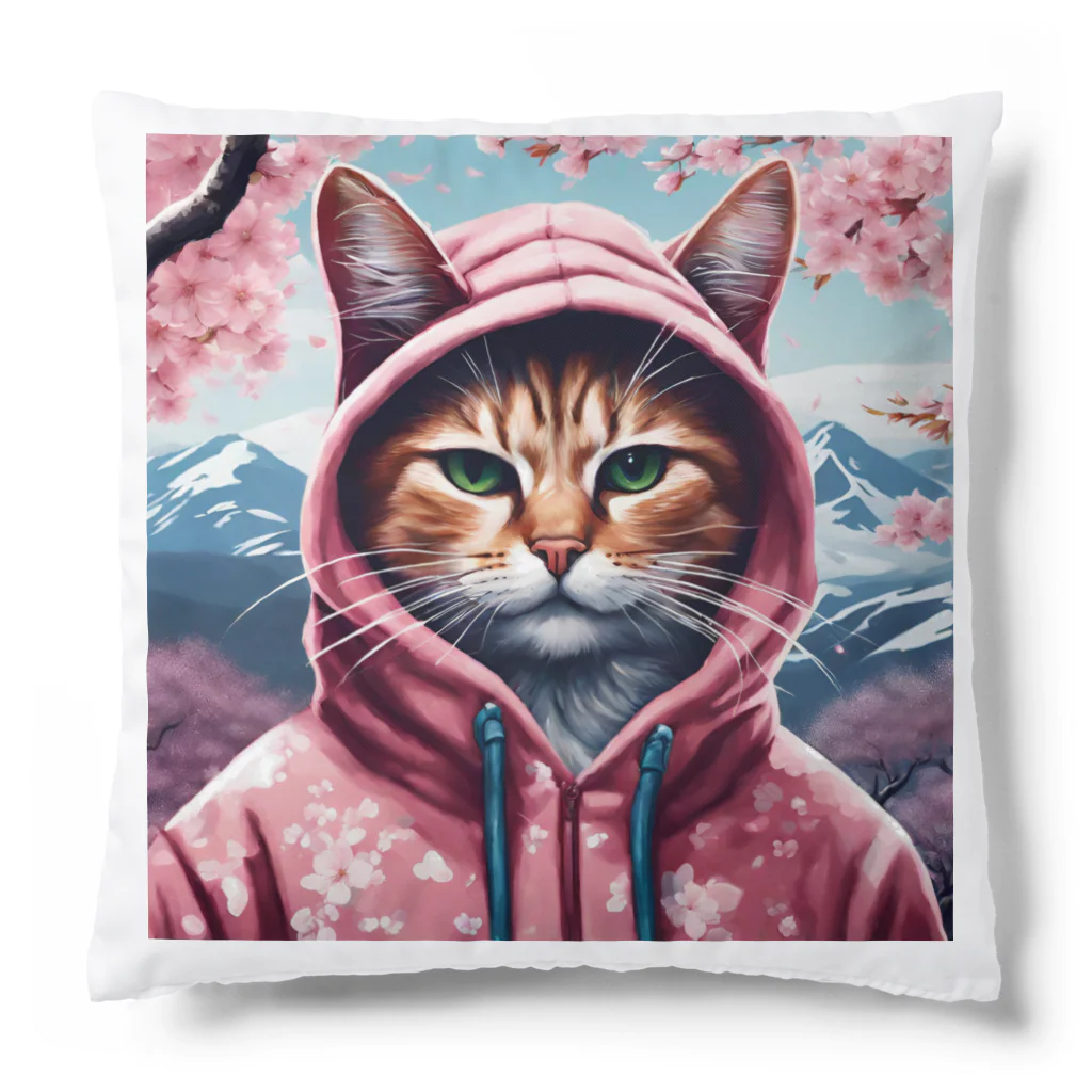 オシャンな動物達^_^の桜舞うなかオシャン猫 Cushion