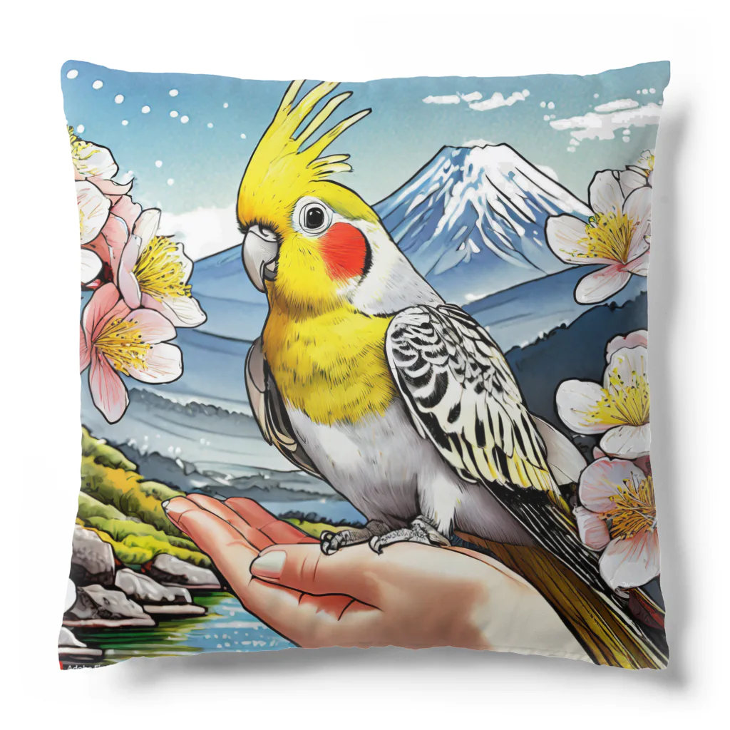 Paonのズーのオカメインコと山景色 Cushion