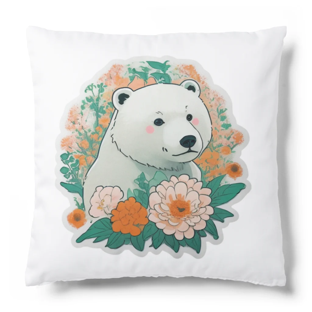 りんりんの可愛いシロクマちゃんショップ　かわいいよ！の花に囲まれている白くま Cushion