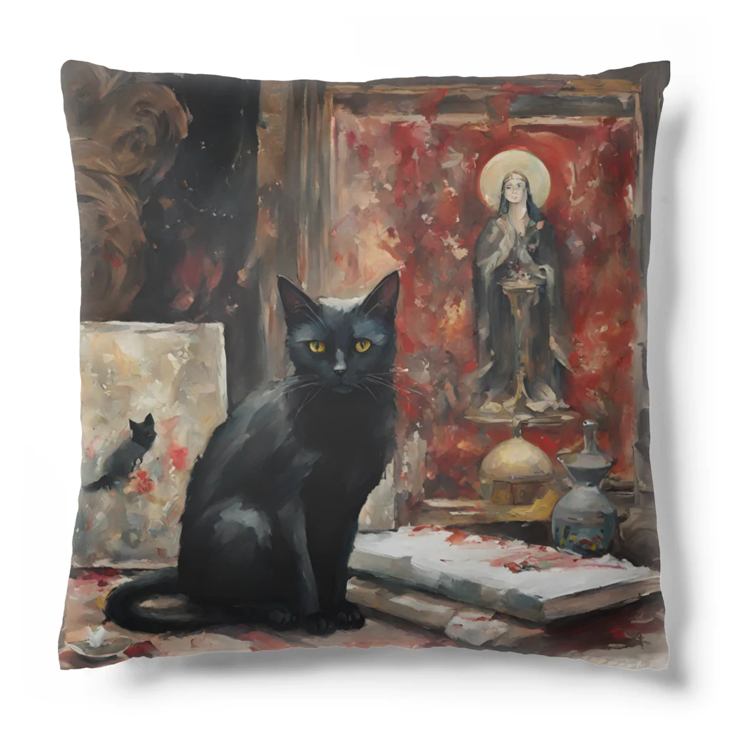 叶和の絵画風の黒猫🐈‍⬛ クッション