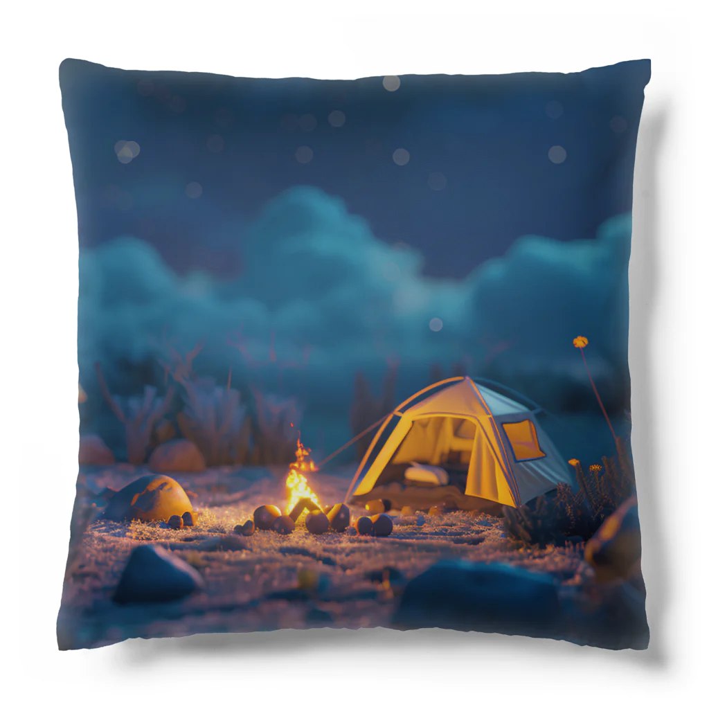 まみおデザインの夜空と楽しいキャンプ風景 クッション