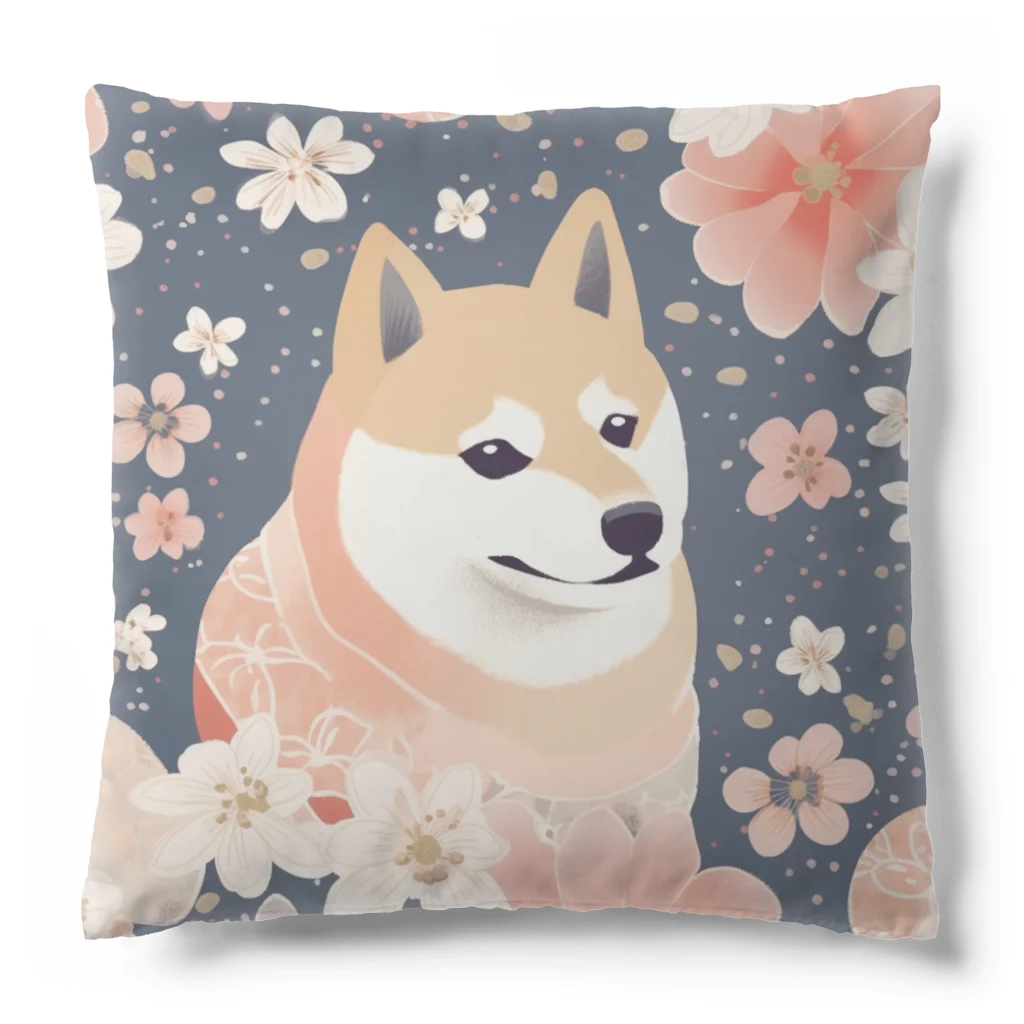 Grazing Wombatの日本画風、柴犬と桜２-Japanese-style painting of a Shiba Inu with cherry blossoms 2 クッション