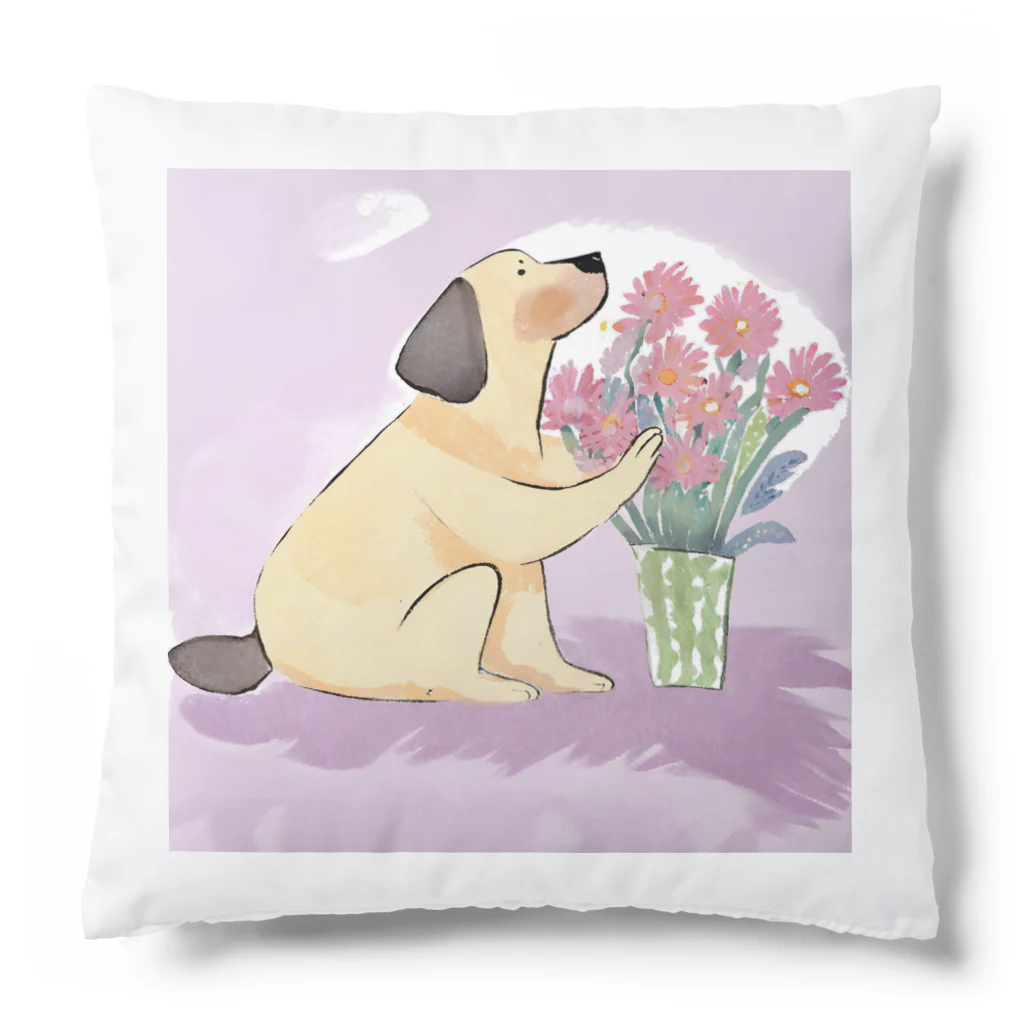 人間界で生きるわんこ | 犬イラストのお花を愛でるわんこ（AIイラスト） Cushion