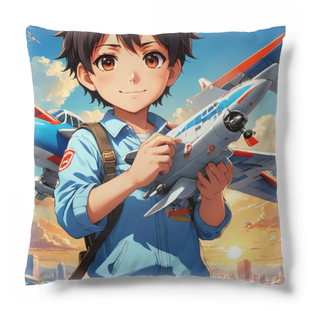 YUIMUNI-ユイム二の空を駆けるかっこいい飛行機模型を手にした子供 Cushion