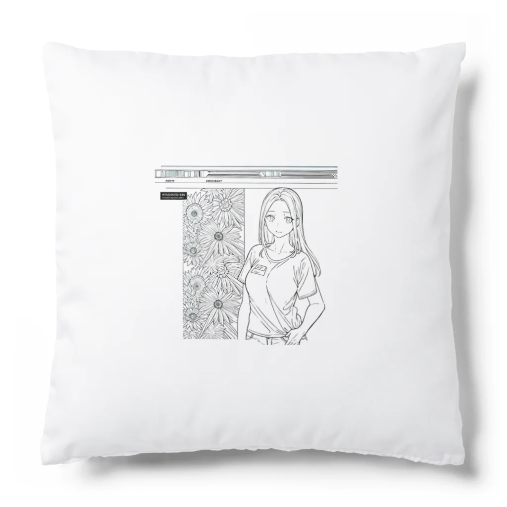 猫集めの爽やかな女性が描かれた線画 Cushion