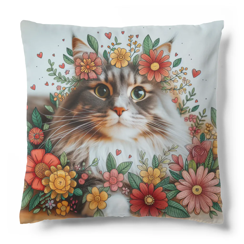 Y m @Y's shopの猫とポップなお花 Cushion