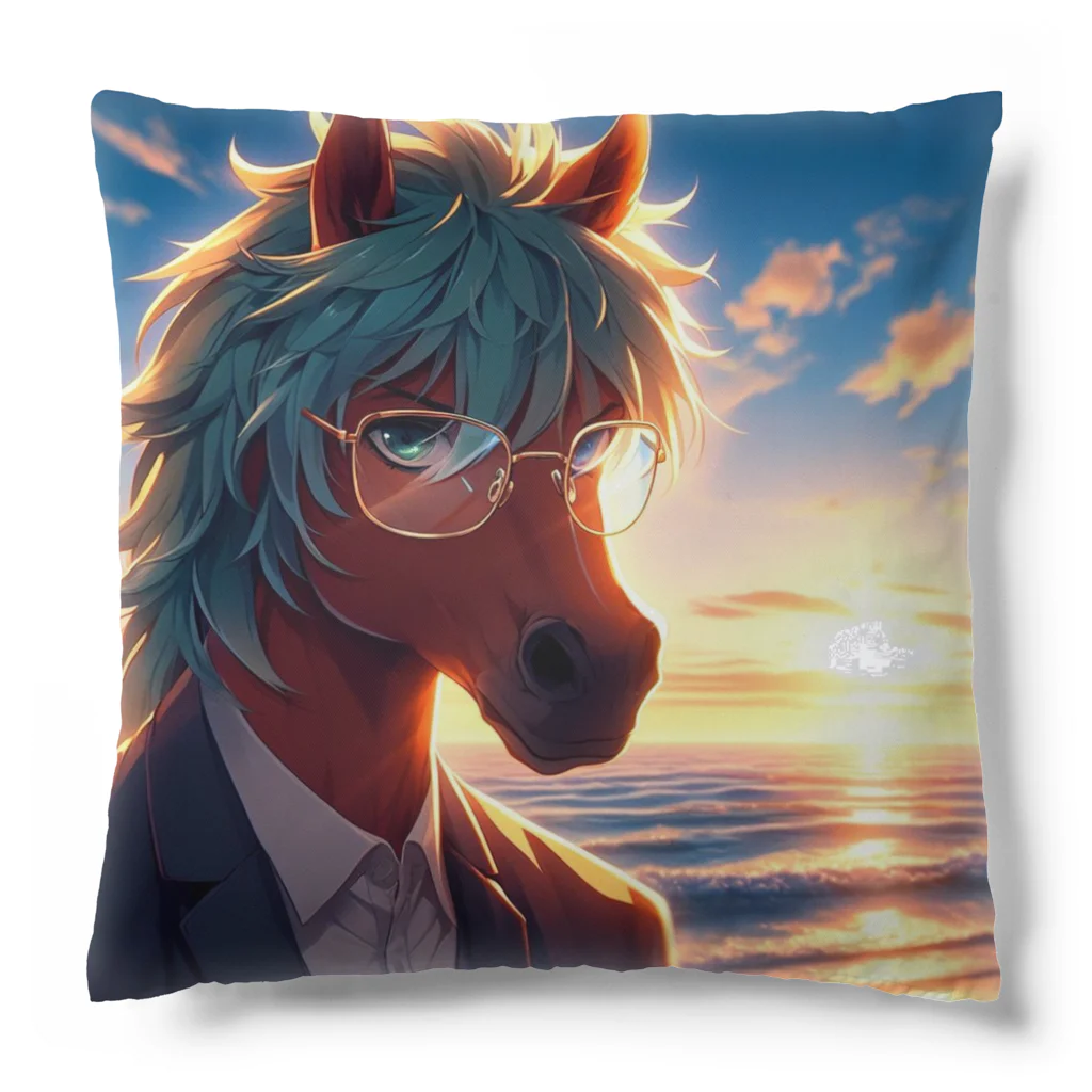 ひよっこなボスの弁護士の馬、夕焼けの浜辺で自撮りする Cushion