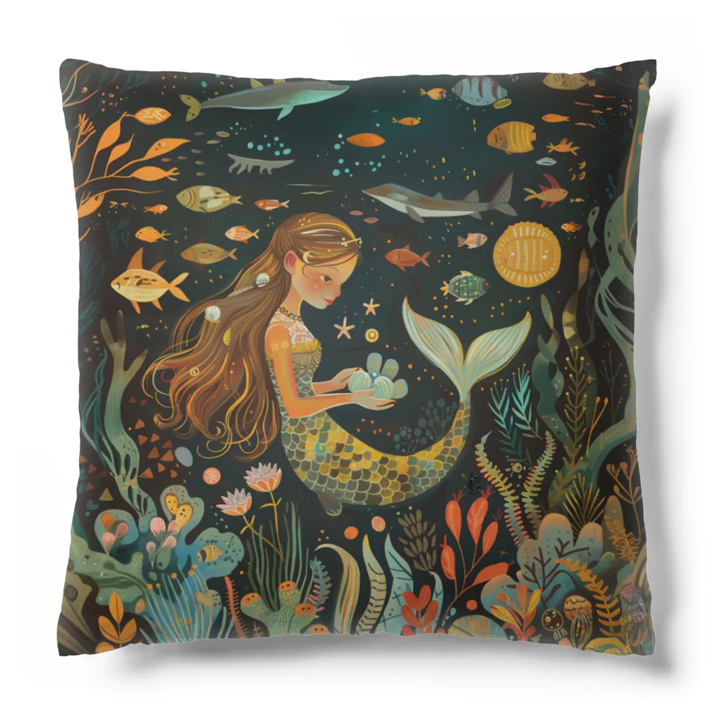 人魚堂の宝石を眺める人魚のクッション Mermaid cushion looking at jewels クッション