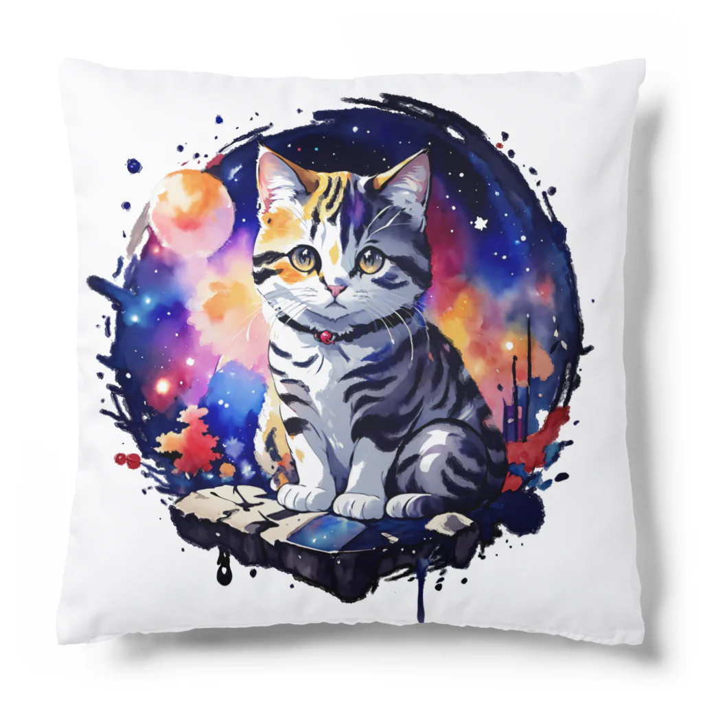猫との風景のお座り猫と宇宙 クッション