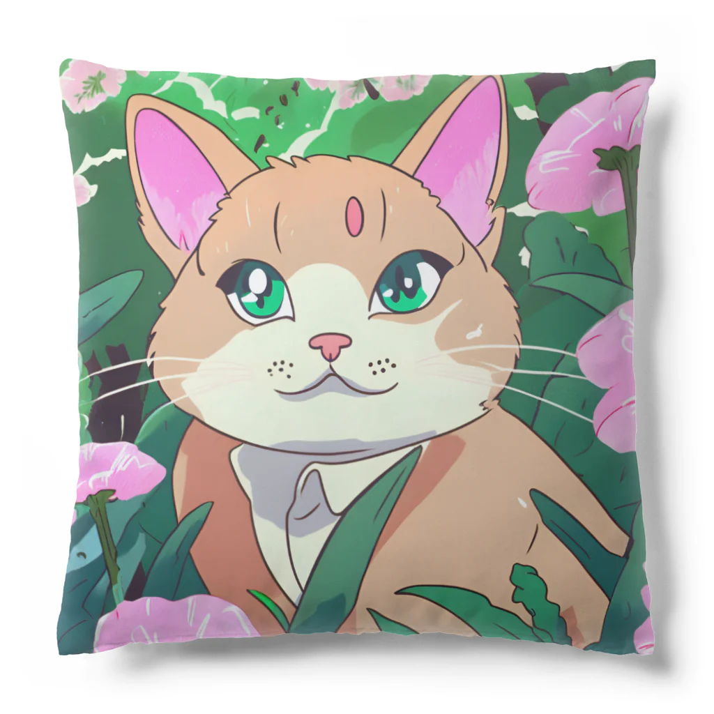 キュート＆クールのアニメ調・花畑の猫 Cushion