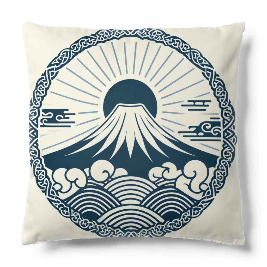 Cool Japanese CultureのMinimalist Traditional Japanese Motif Featuring Mount Fuji and Seigaiha Patterns クッション