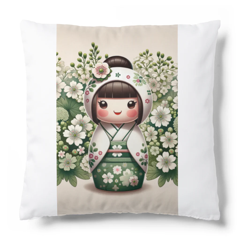 ぷぷオレンジのkokeshi dolls白い花 Cushion