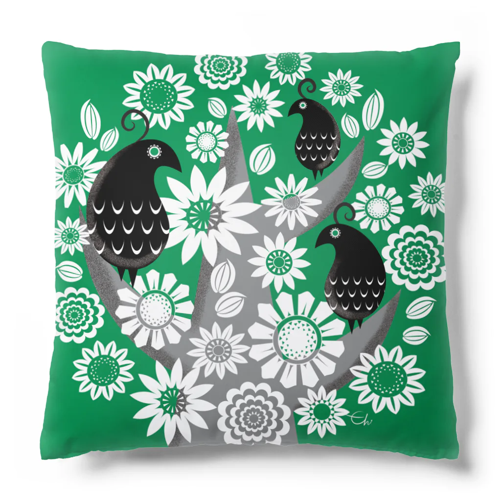 echicaのGreen Tree Black Bird Cushion