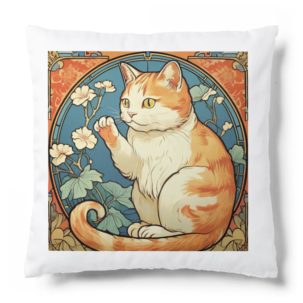 ゆまちゃんの開運雑貨屋さんの金運招く猫ミュシャ風 Cushion