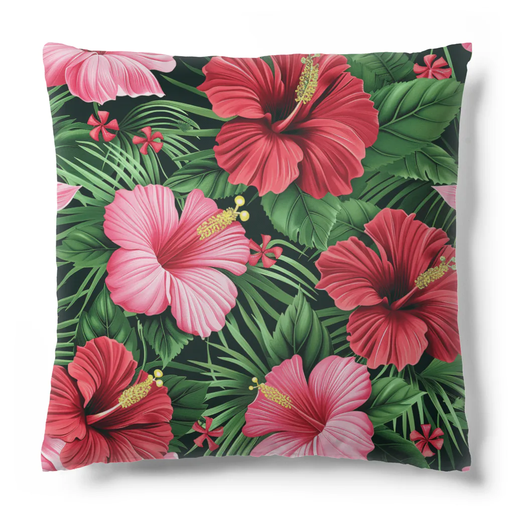 オンラインショップイエローリーフの赤色の花ハイビスカス Cushion