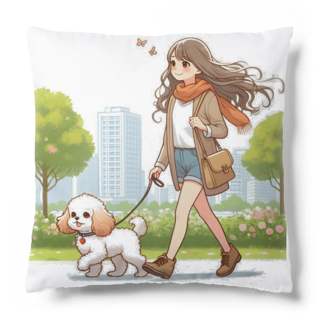 南国のかわいい犬と散歩をする女性 Cushion