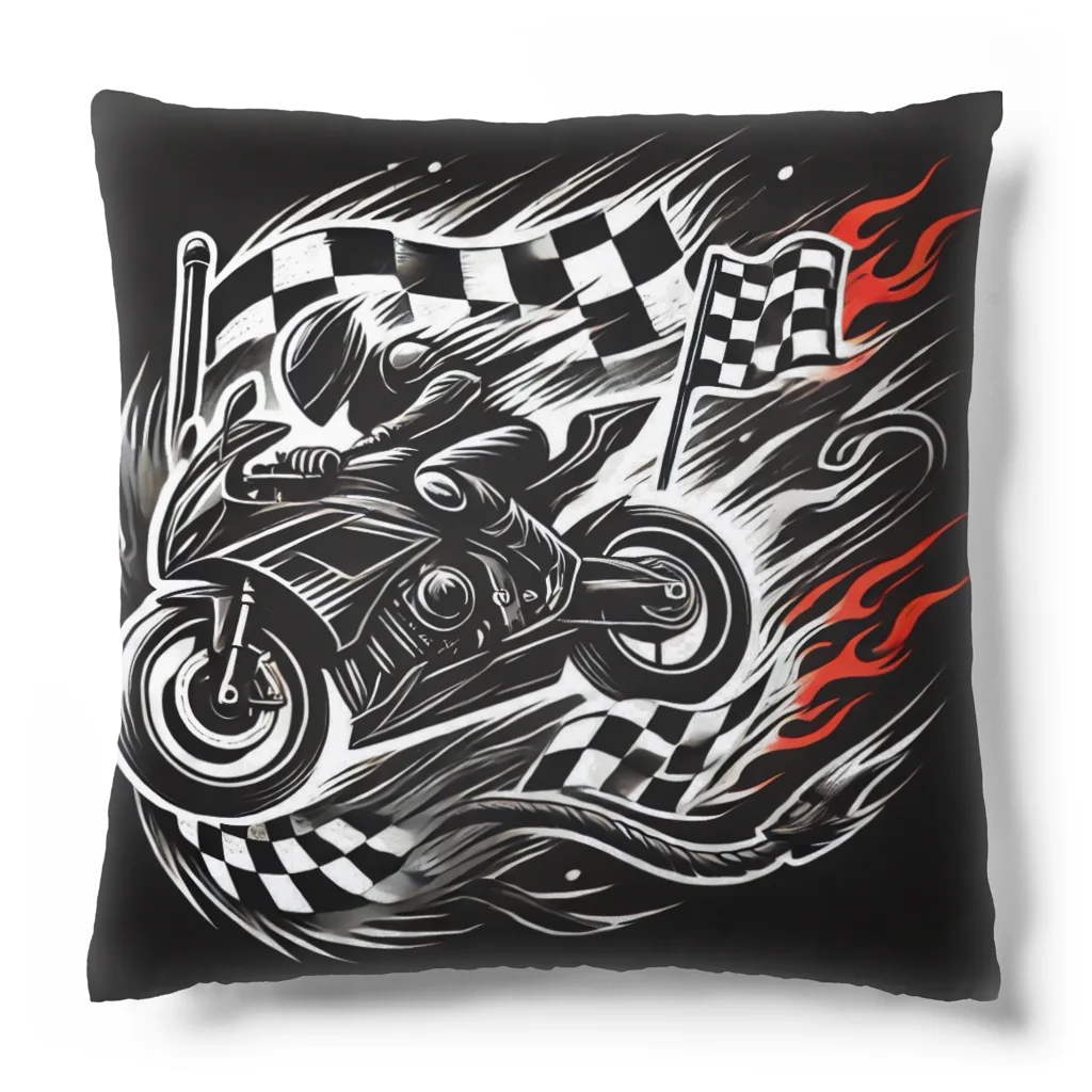 the blue seasonのスピードと情熱の象徴：バイクとレースフラッグのワイルドロゴ Cushion