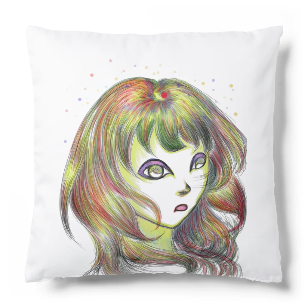 赤歩の乱雑な部屋のいちじくカラーの少女 Cushion