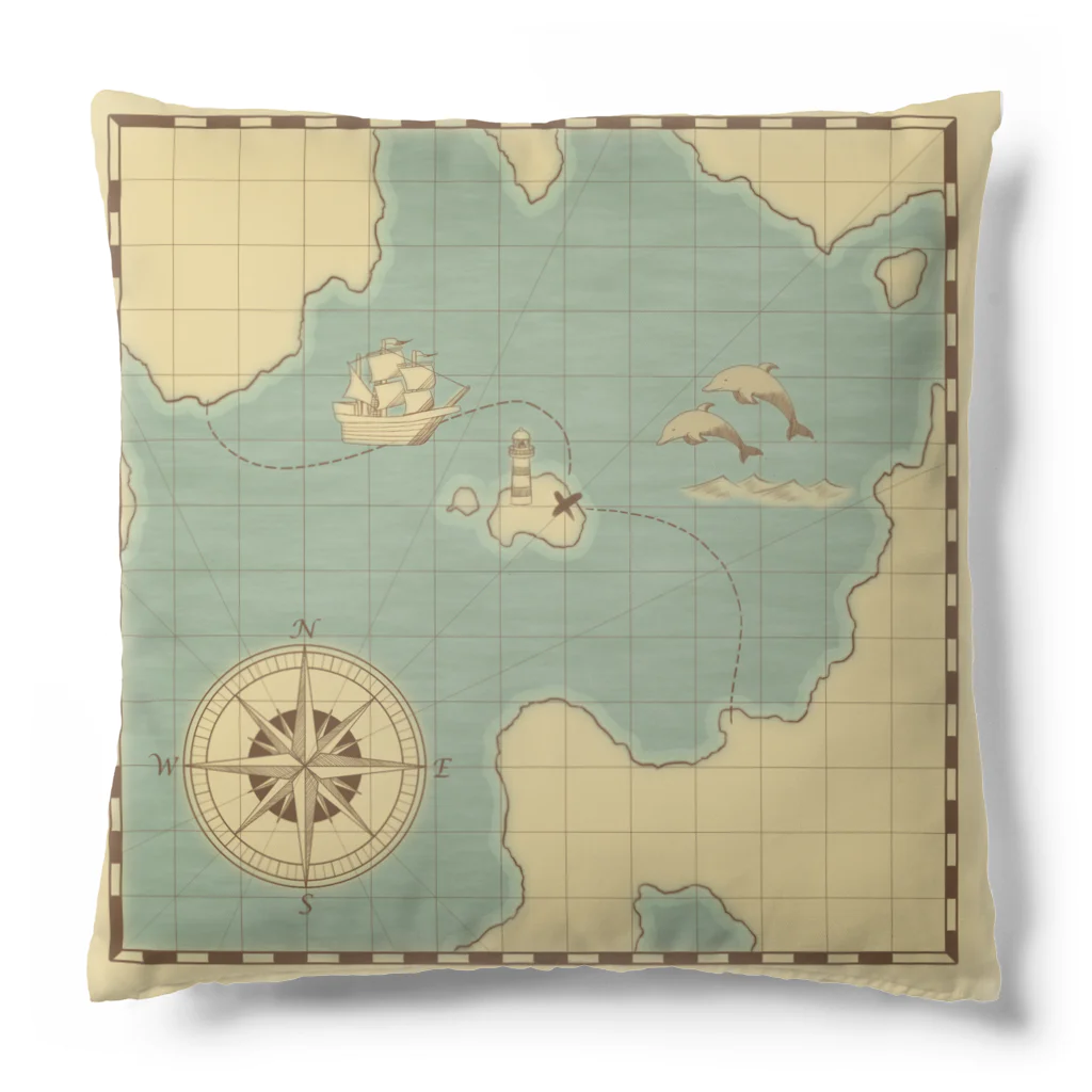 LIGHT HOUSE with DOLPHINの古い海図風・色付き Cushion