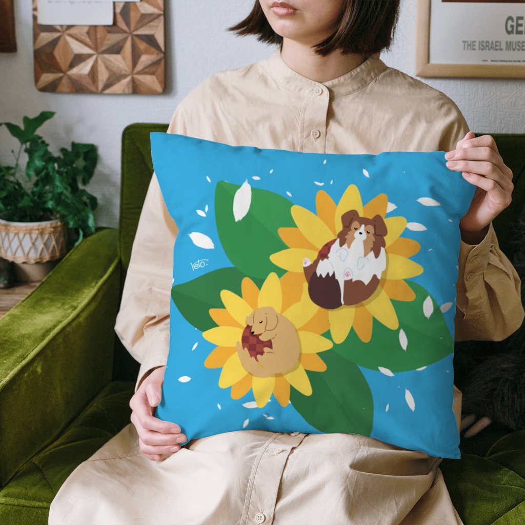 Kotetsu diary(SUZURI店)のシェルティ＆ダックス×ひまわり Cushion