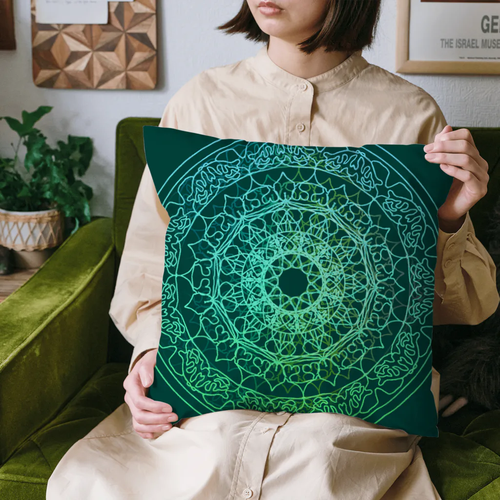 💖宇宙整体♪🌈♪こころからだチャンネル♪💖の母星回帰曼荼羅　moss green version Cushion