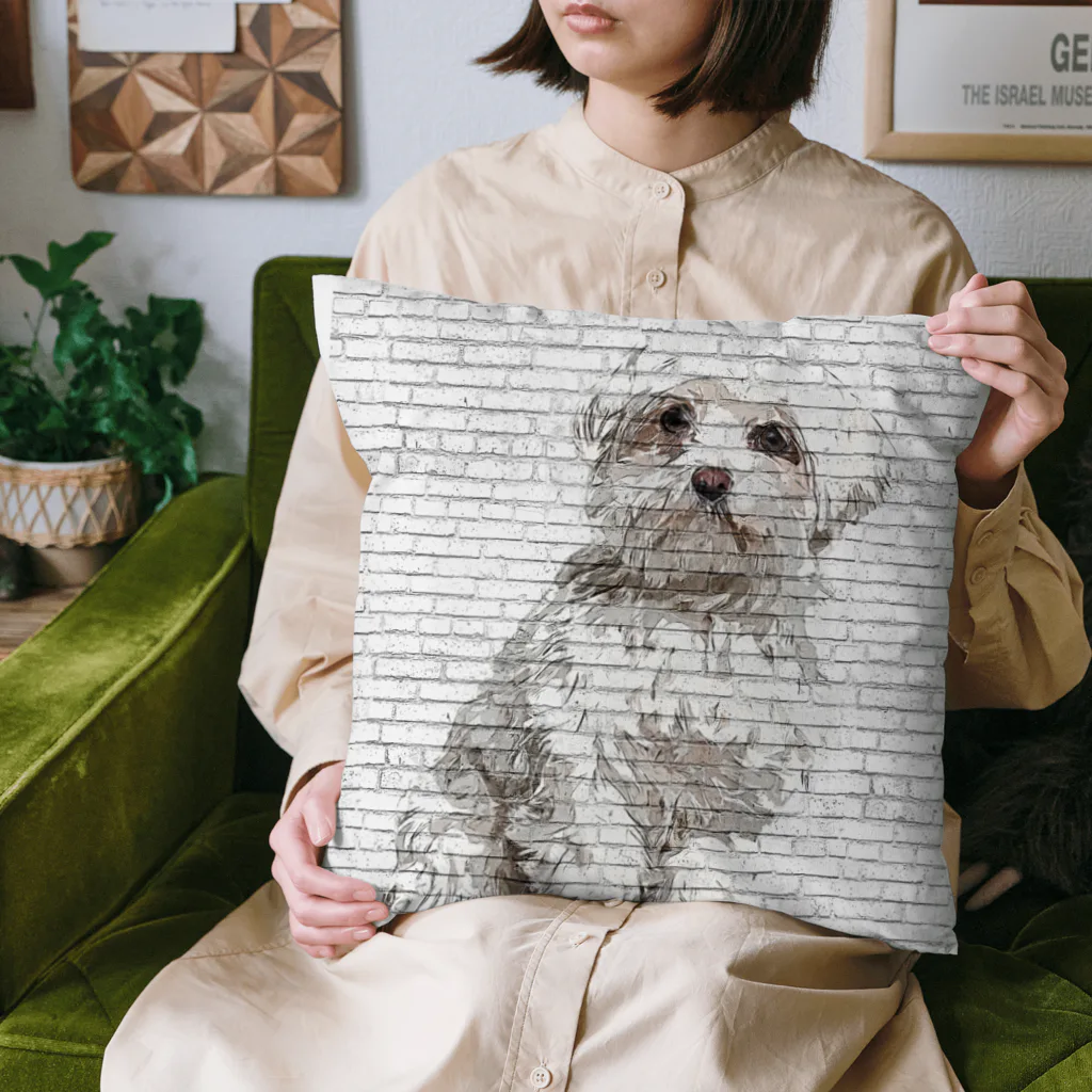 【CPPAS】Custom Pet Portrait Art Studioの マルチーズドッグ - レンガブロック背景 Cushion