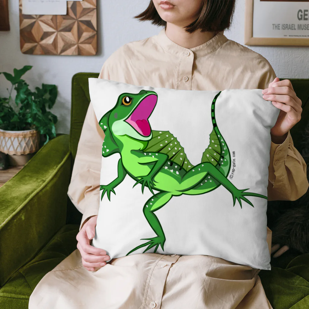 もむのふの爬虫類グッズやさんの水辺の忍者グリーンバシリスク Cushion