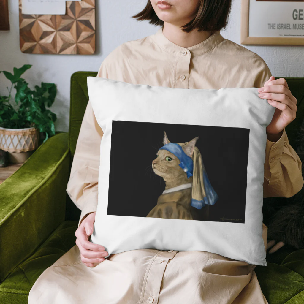 kaoru@nekomangakakuyoの絵画シリーズ 真珠の耳飾りの猫 Cushion