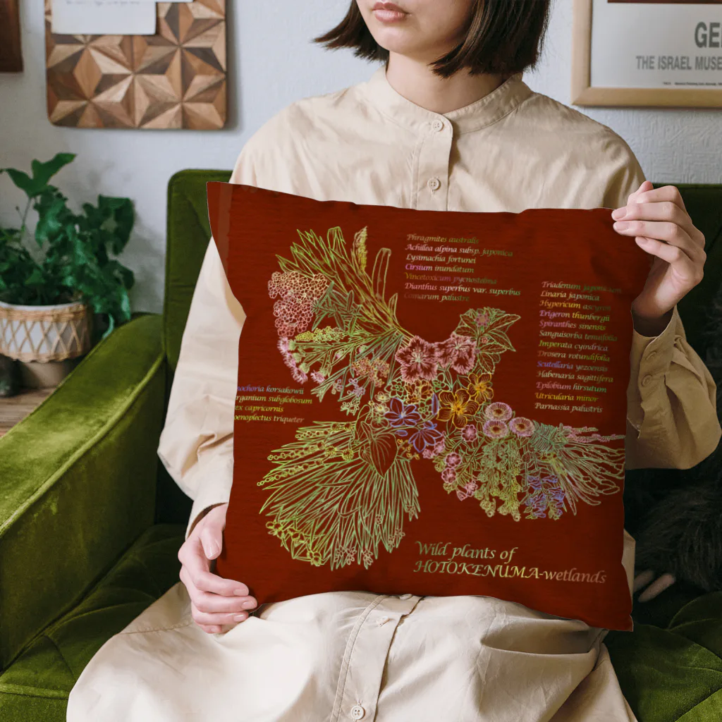 雁花工房（寄付アイテム販売中です）のWild plants of HOTOKENUMA-wetlands（ダークレッド+ダークグレー） Cushion