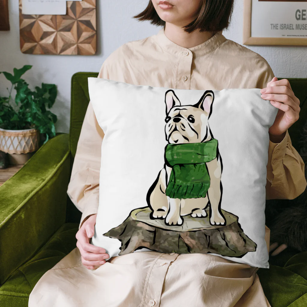 犬グッズの店しえるぶるーのマフラーを着けたフレンチブルドッグ　クリーム Cushion