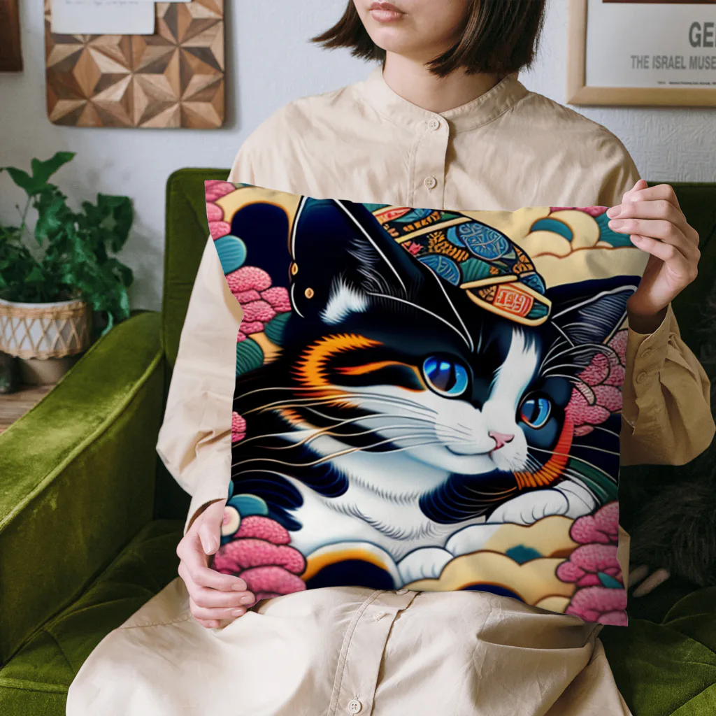 マッケンデジタルワールドの葛飾猫斎　猫名黒雪　浮世絵lofiアートパンクシティ　かわいいねこ Cushion