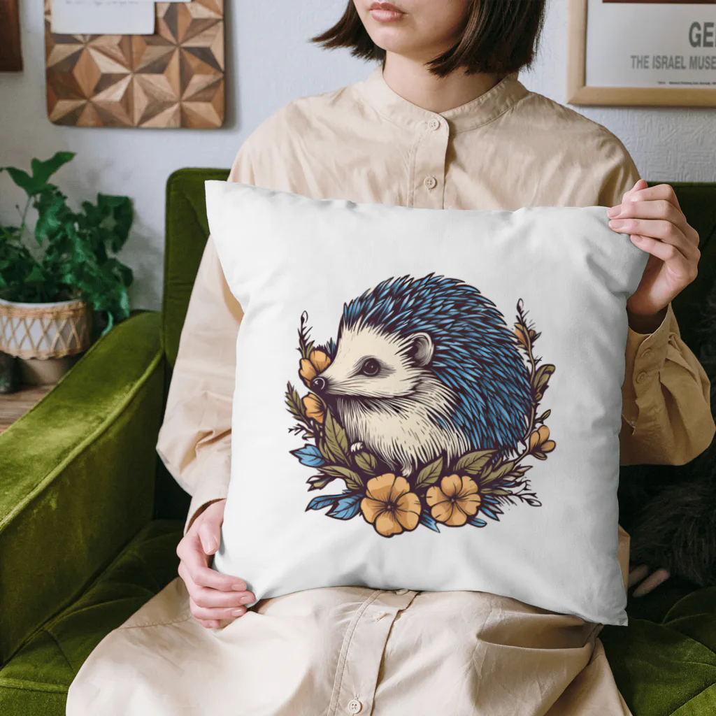 ハリまうのハリネズミのヴィンテージ風イラスト with ボタニカル Cushion