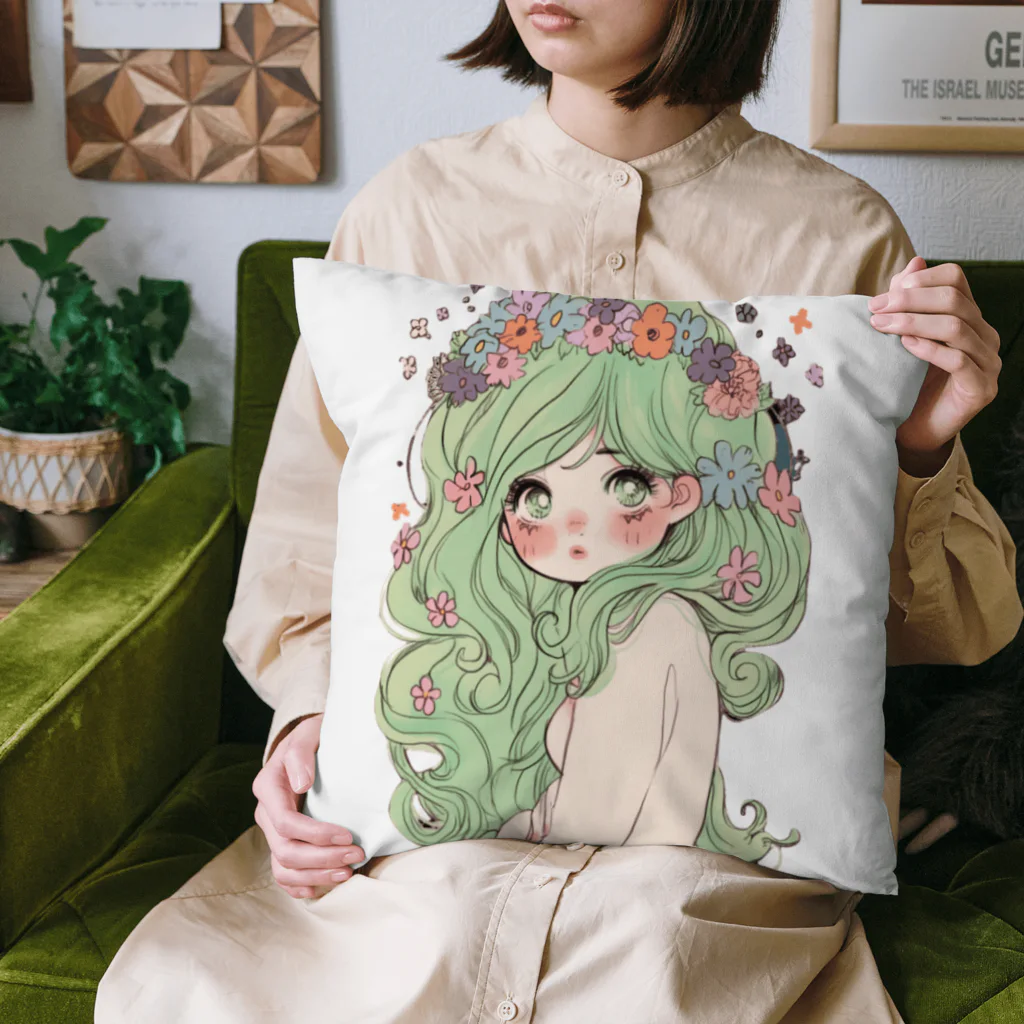 天道虫のグリーンフラワーガール Cushion