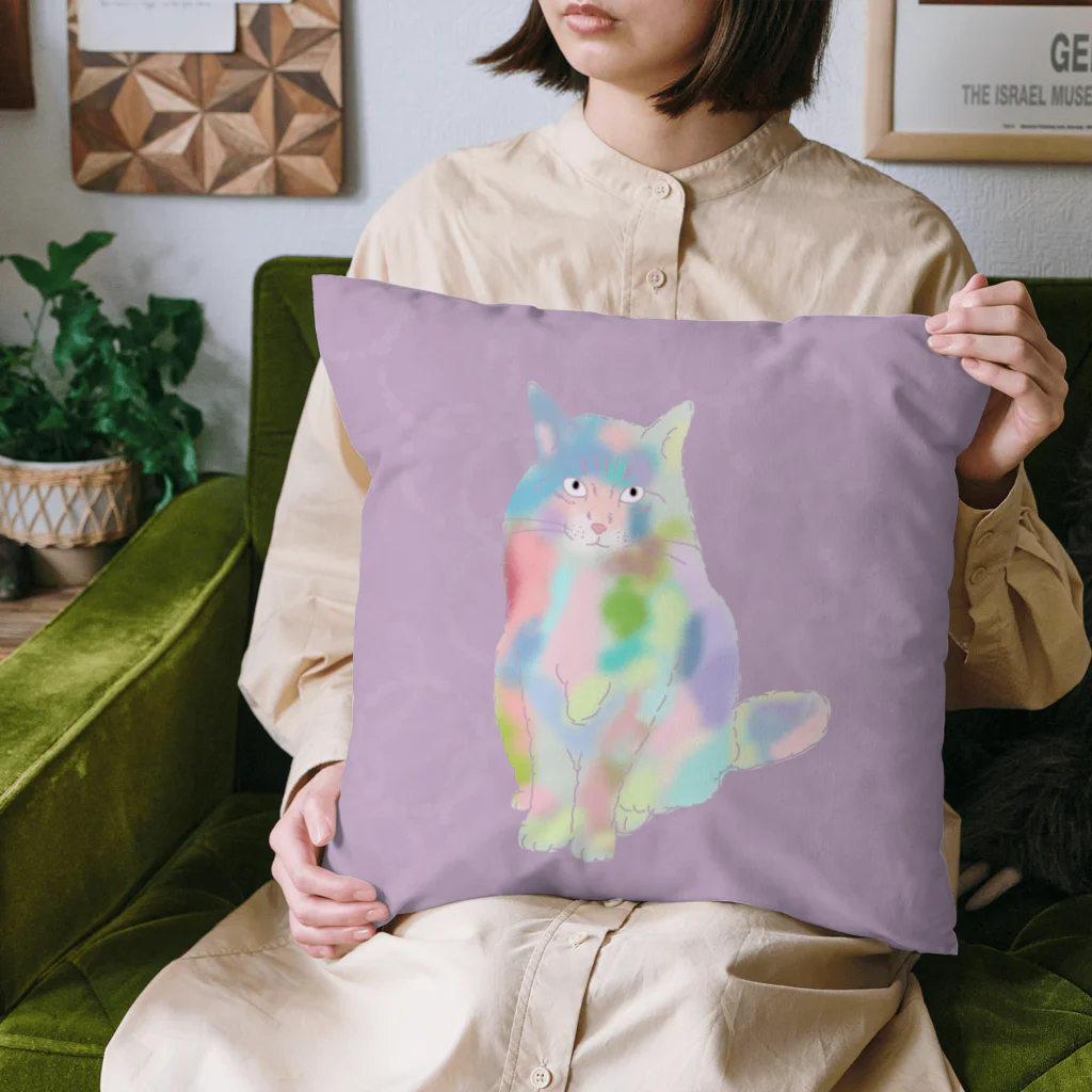 小鳥と映画館のユニコーンカラーの猫　パープル Cushion