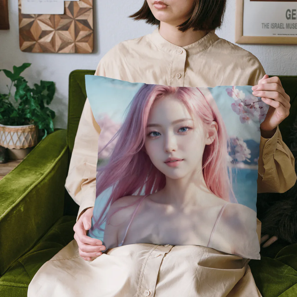 AI goddessの桜と川と青空と、ピンクの髪の女の子 Cushion