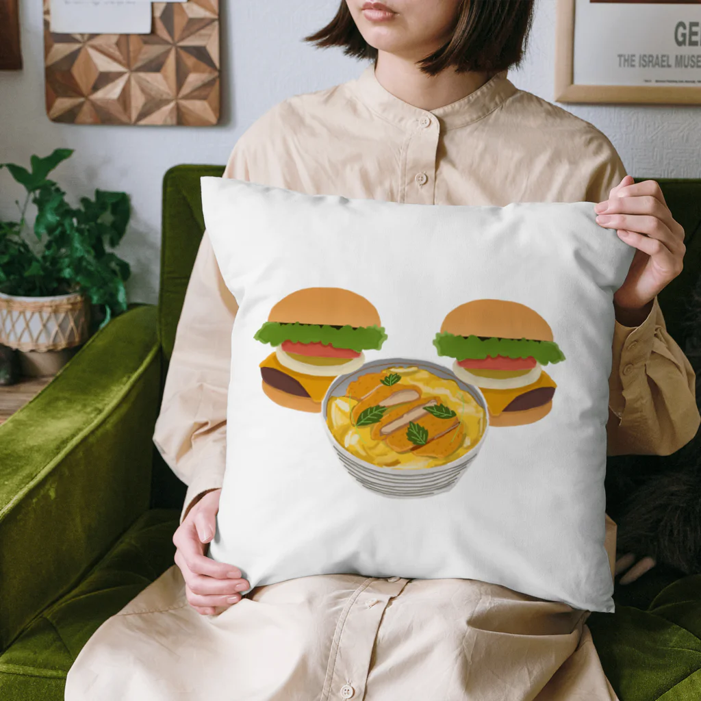 徳原旅行先のお土産屋さんのかつ丼とハンバーガー２個 Cushion