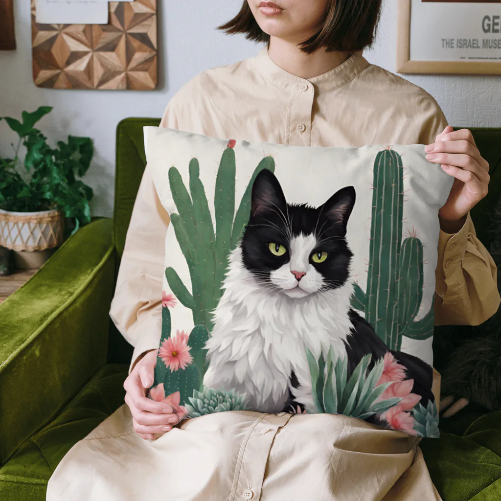 capcat1919のハチワレ白黒猫とサボテン Cushion