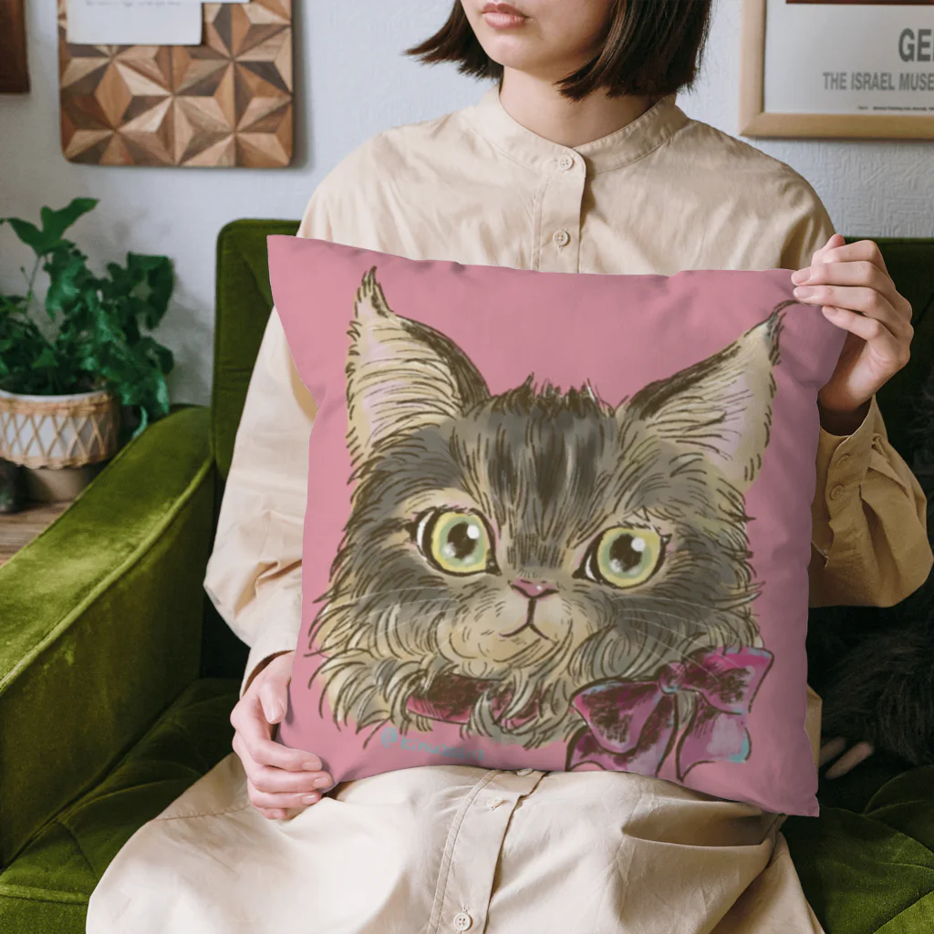 猫のきぬくんのお店のエマちゃんときぬのクッション　ピンクとターコイズ Cushion