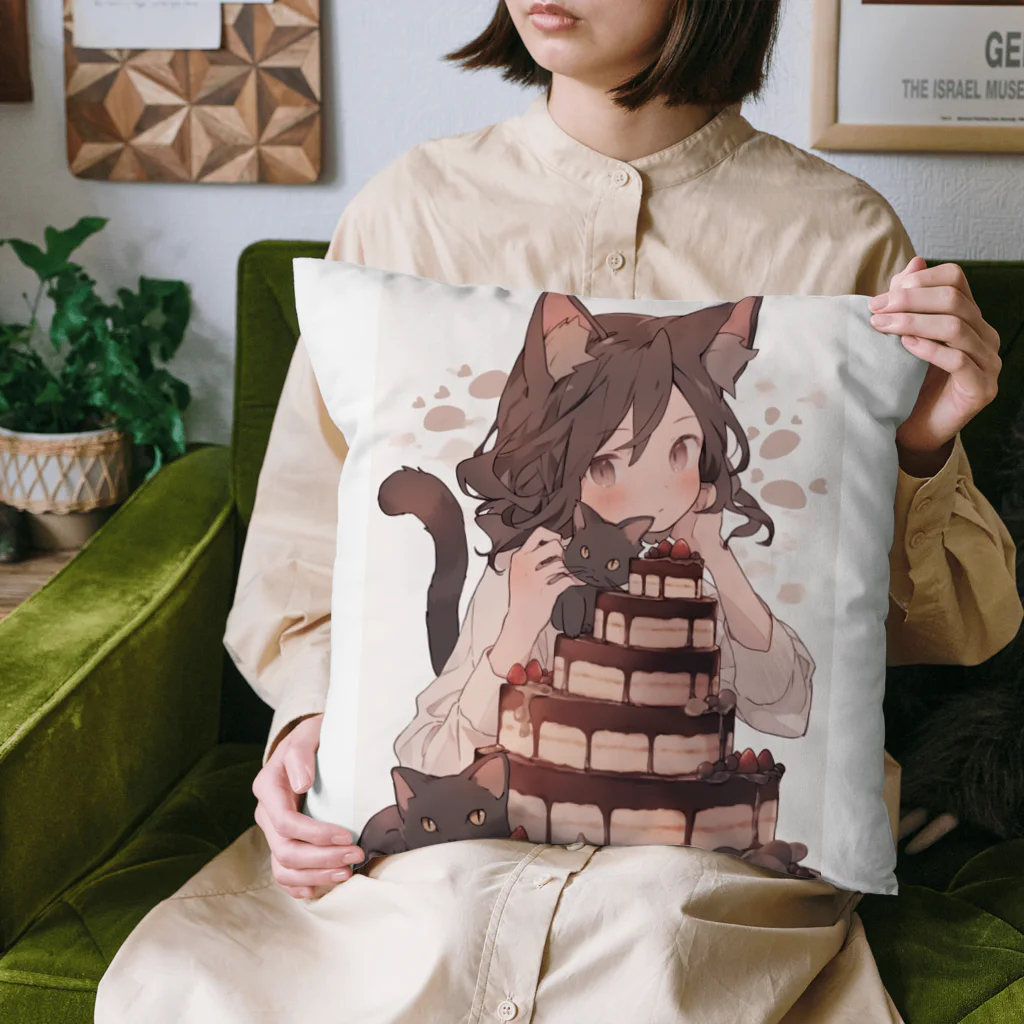 シロクマペンギンのネコちゃんとチョコレートケーキ Cushion