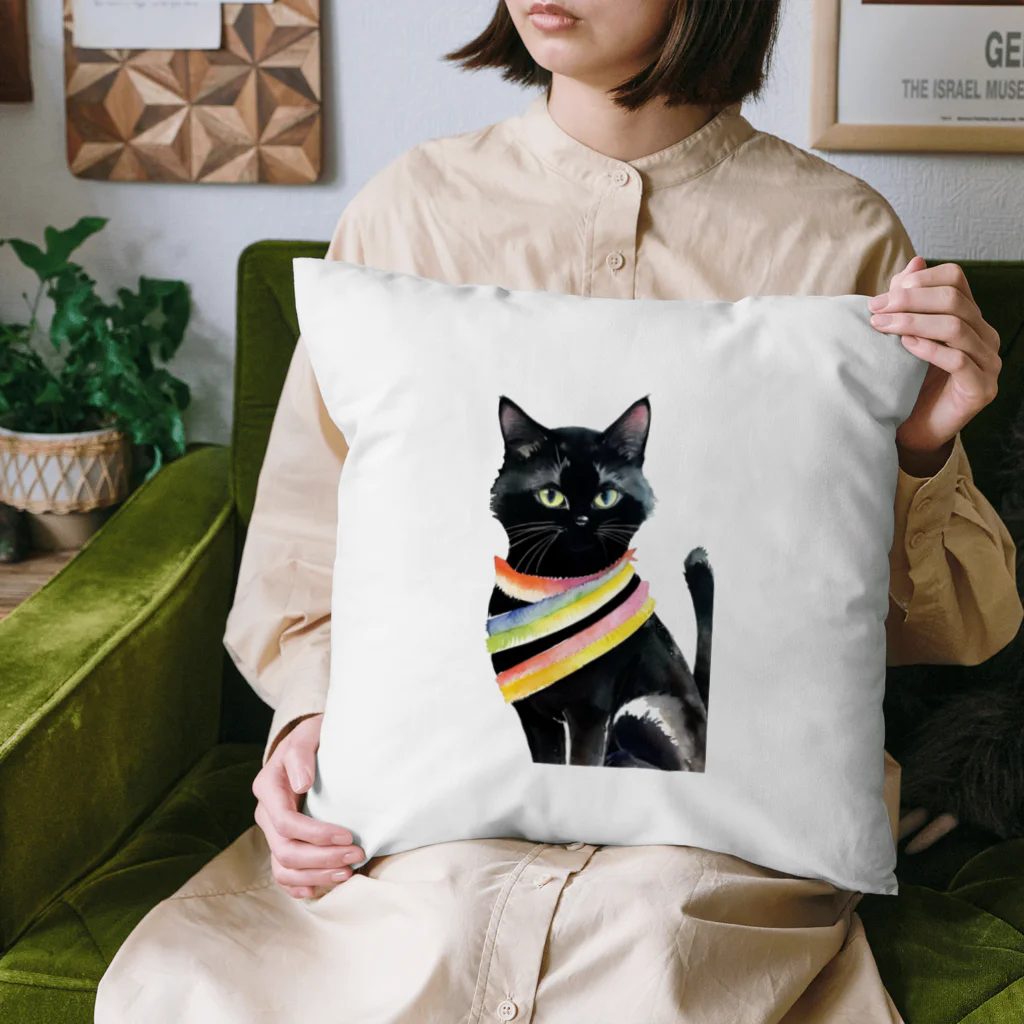 幸運のしっぽの黒猫と虹の首輪 Cushion