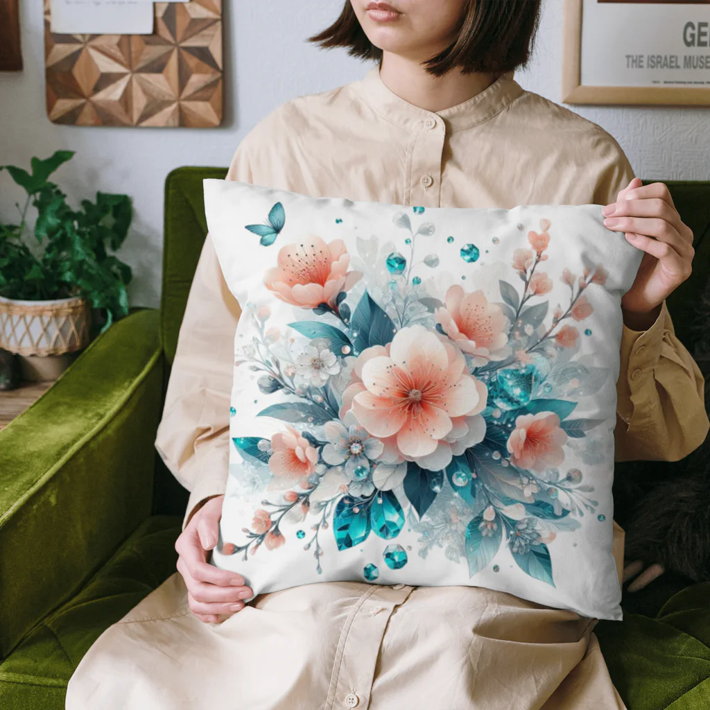 レベルUPの桃の花×エメラルド Cushion