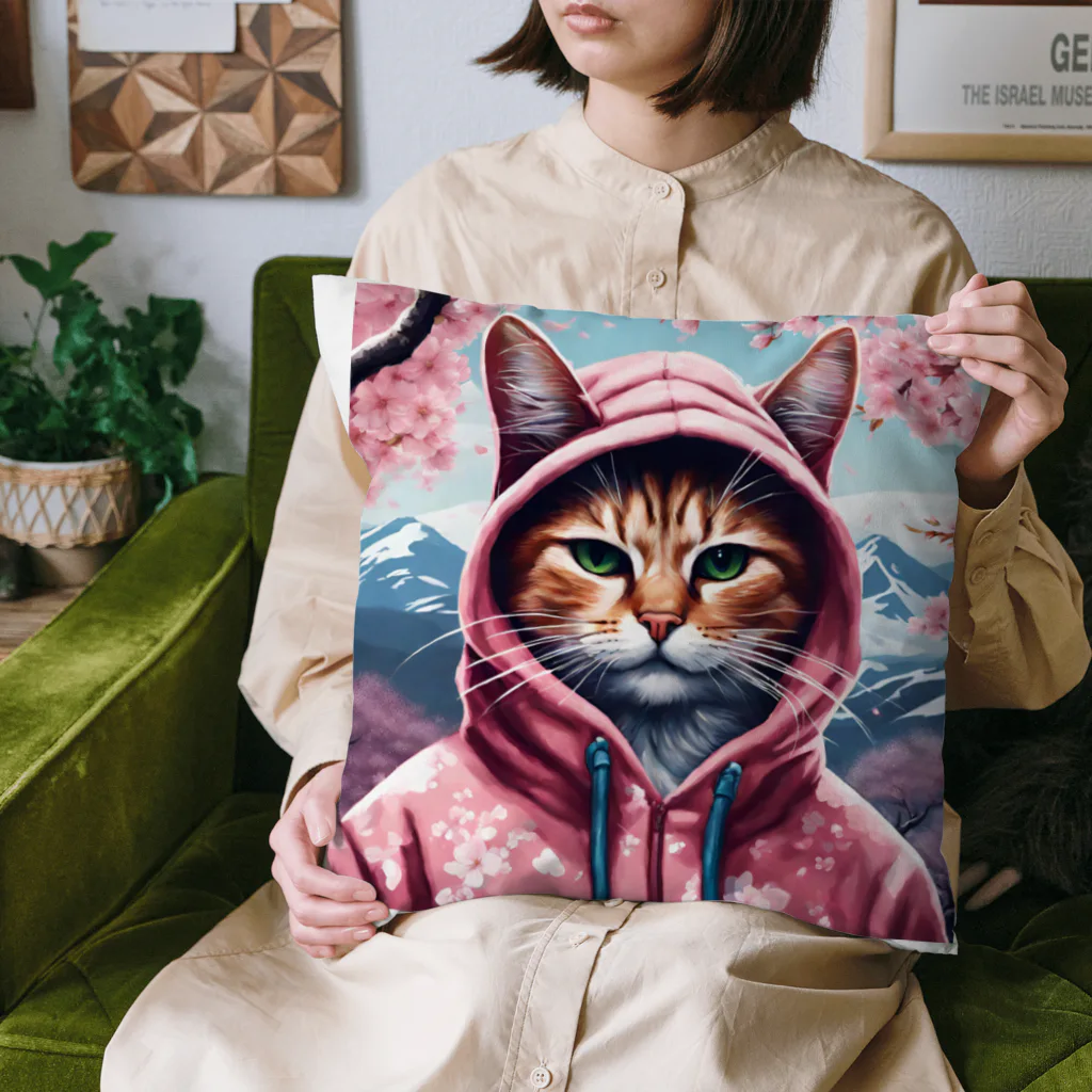 オシャンな動物達^_^の桜舞うなかオシャン猫 Cushion