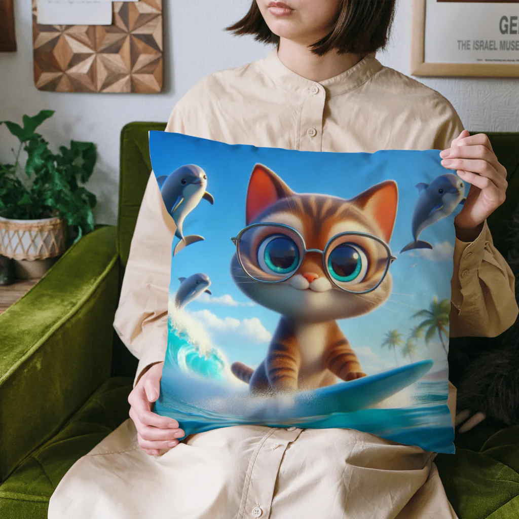 猫と紡ぐ物語のお気に入りのサーフボードでサーフィンする猫 Cushion