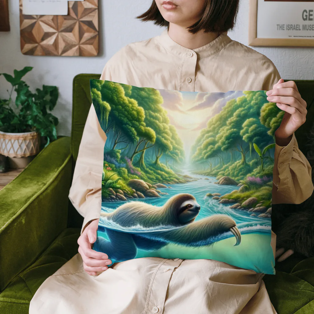 k.a.u.j.7の時間の流れを象徴する川の中でゆったりと泳ぐ、ナマケモノの姿🌿 Cushion