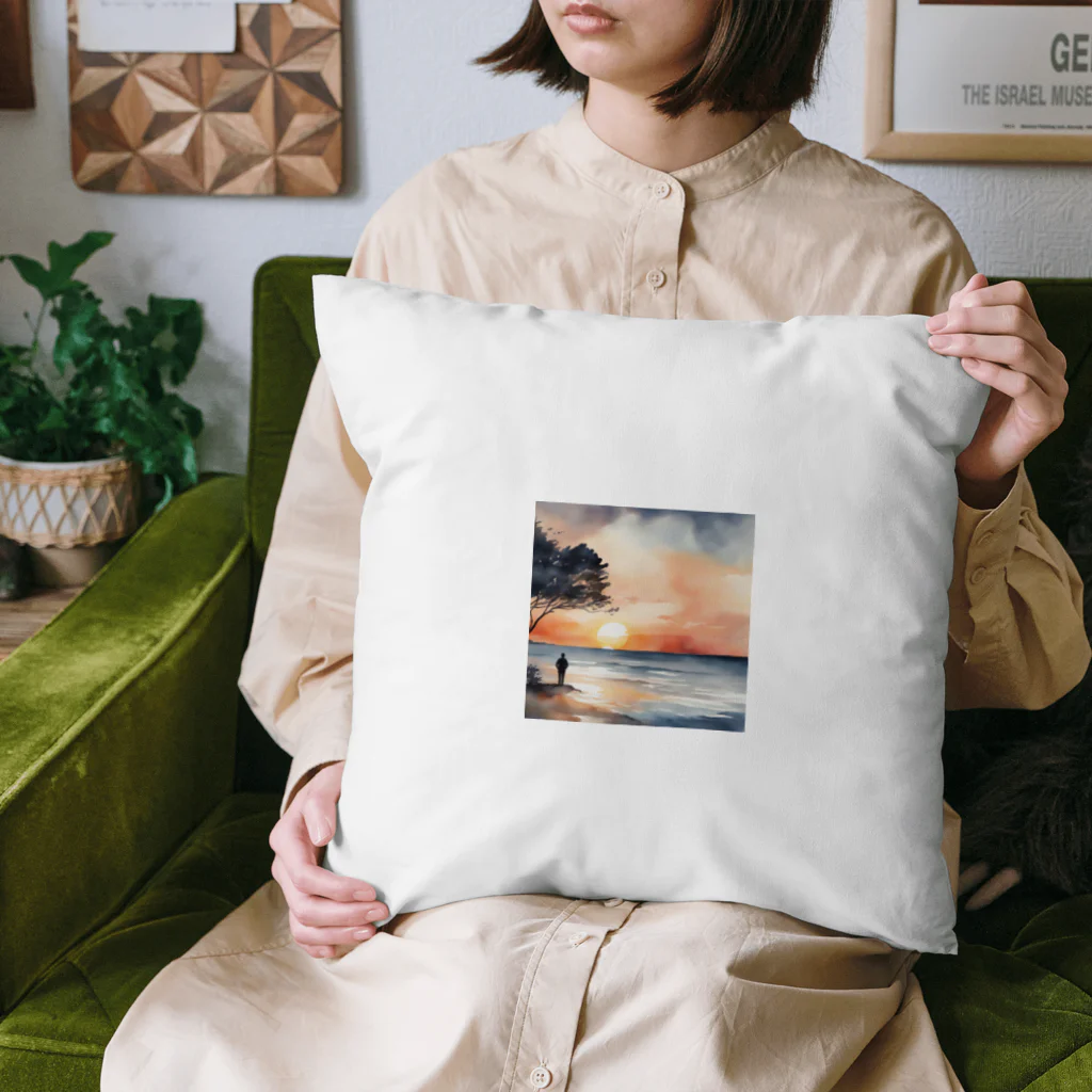 古賀新太郎の夕日に染まる海を背 Cushion