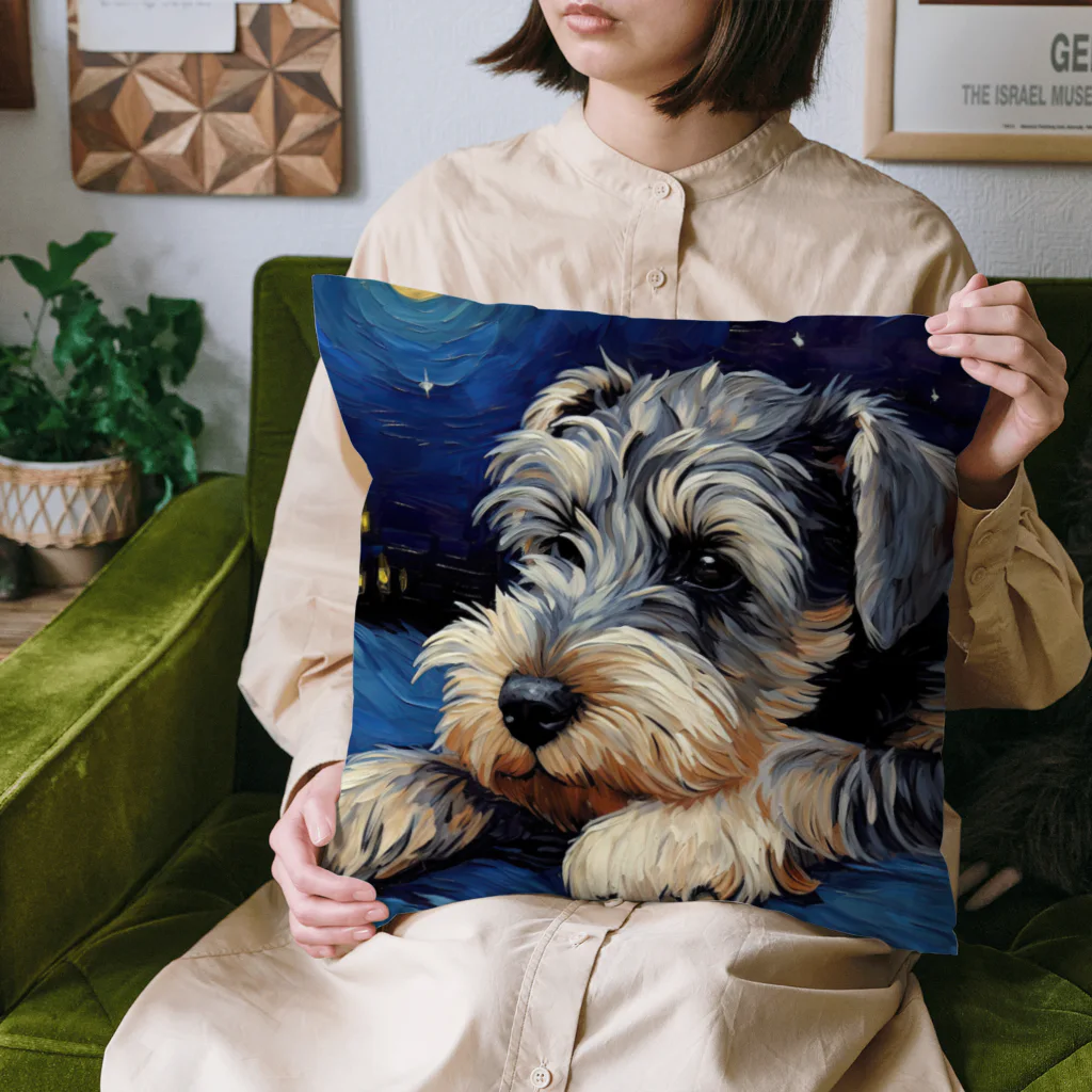 Dog Art Museumの【星降る夜 - シュナウザー犬の子犬 No.1】 Cushion